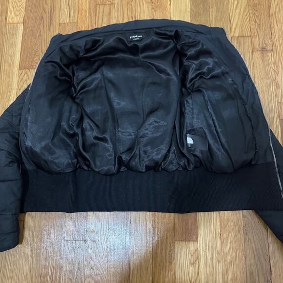 Y2K Bebe size medium black cropped puffer jacket missing fur Rhinestone logo - Picture 6 of 15